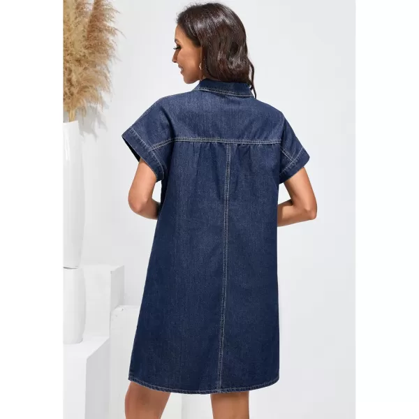 luvamia Denim Dress for Women Summer Short Sleeve Button Down Collared Pleated Western Jean Dresses with Pockets RelaxedDark Atlantic Blue