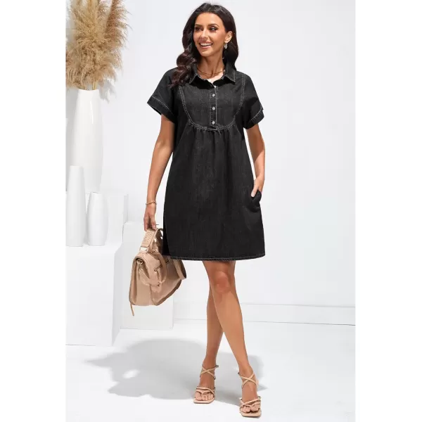 luvamia Denim Dress for Women Summer Short Sleeve Button Down Collared Pleated Western Jean Dresses with Pockets RelaxedFaded Black
