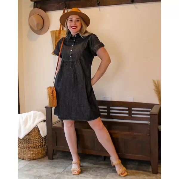 luvamia Denim Dress for Women Summer Short Sleeve Button Down Collared Pleated Western Jean Dresses with Pockets RelaxedFaded Black