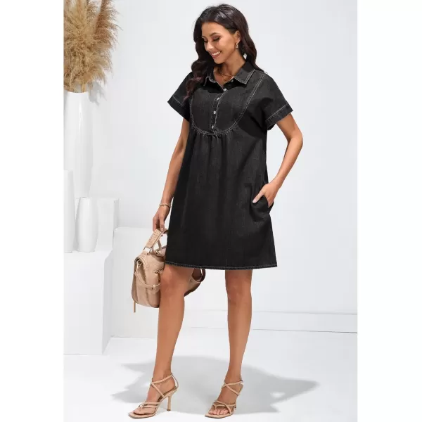 luvamia Denim Dress for Women Summer Short Sleeve Button Down Collared Pleated Western Jean Dresses with Pockets RelaxedFaded Black