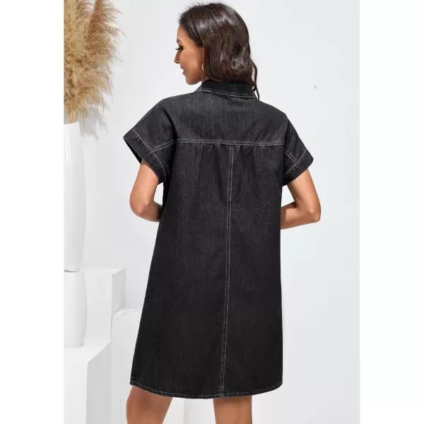 luvamia Denim Dress for Women Summer Short Sleeve Button Down Collared Pleated Western Jean Dresses with Pockets RelaxedFaded Black