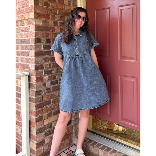 luvamia Denim Dress for Women Summer Short Sleeve Button Down Collared Pleated Western Jean Dresses with Pockets RelaxedReef Blue