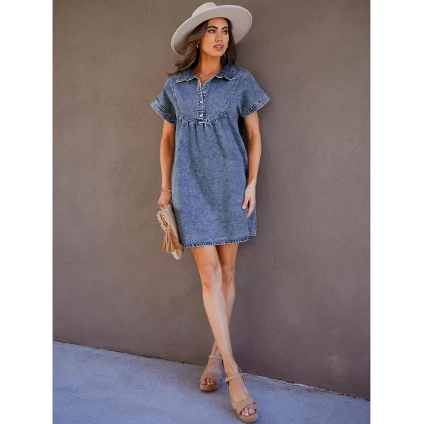 luvamia Denim Dress for Women Summer Short Sleeve Button Down Collared Pleated Western Jean Dresses with Pockets RelaxedReef Blue
