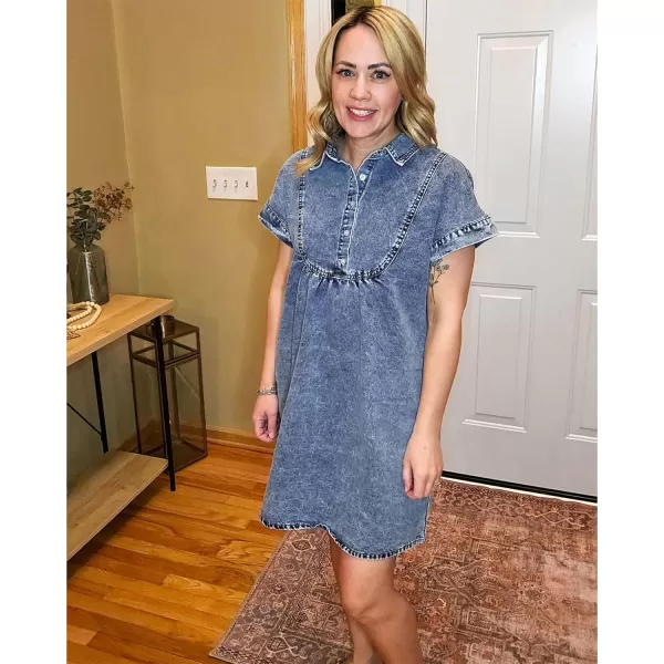 luvamia Denim Dress for Women Summer Short Sleeve Button Down Collared Pleated Western Jean Dresses with Pockets RelaxedReef Blue