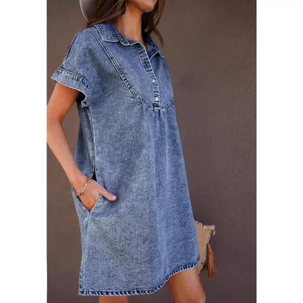 luvamia Denim Dress for Women Summer Short Sleeve Button Down Collared Pleated Western Jean Dresses with Pockets RelaxedReef Blue