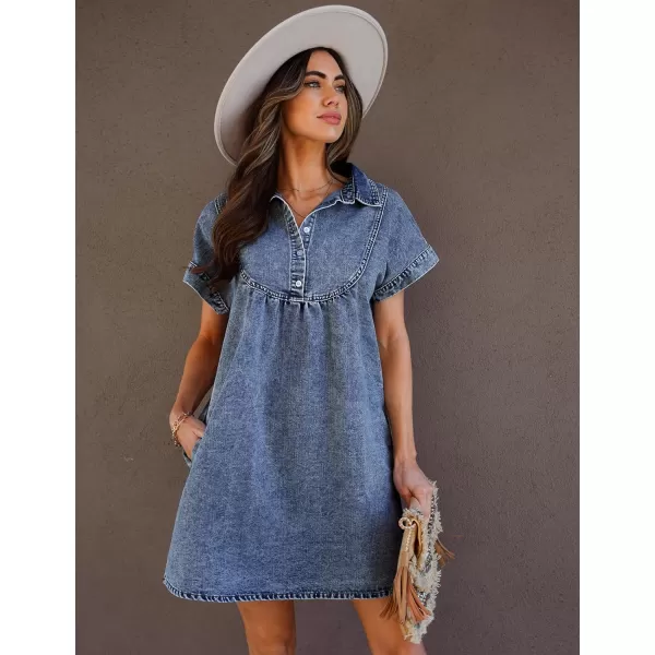 luvamia Denim Dress for Women Summer Short Sleeve Button Down Collared Pleated Western Jean Dresses with Pockets RelaxedReef Blue