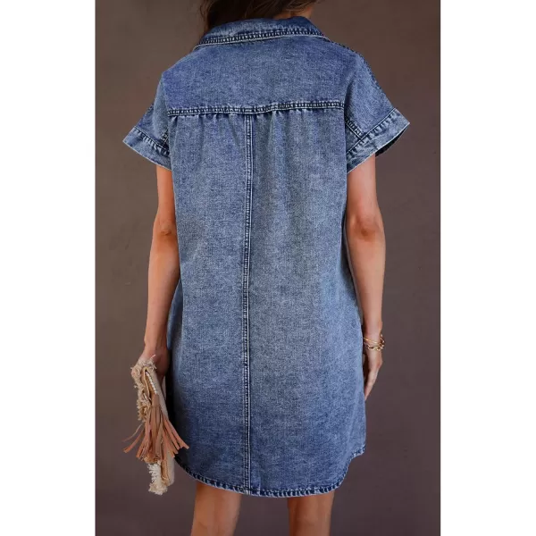 luvamia Denim Dress for Women Summer Short Sleeve Button Down Collared Pleated Western Jean Dresses with Pockets RelaxedReef Blue