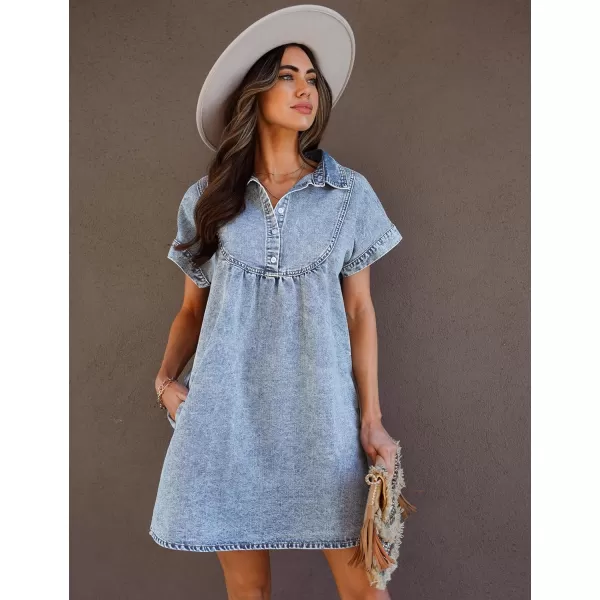 luvamia Denim Dress for Women Summer Short Sleeve Button Down Collared Pleated Western Jean Dresses with Pockets RelaxedRoadknight Blue