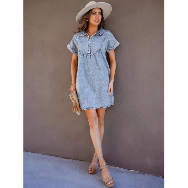 luvamia Denim Dress for Women Summer Short Sleeve Button Down Collared Pleated Western Jean Dresses with Pockets RelaxedRoadknight Blue