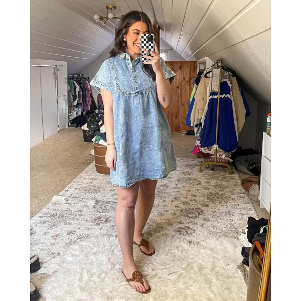 luvamia Denim Dress for Women Summer Short Sleeve Button Down Collared Pleated Western Jean Dresses with Pockets RelaxedRoadknight Blue