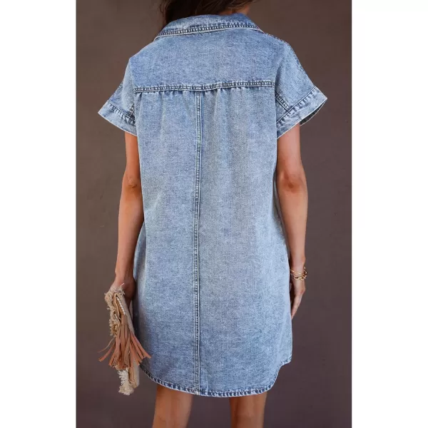 luvamia Denim Dress for Women Summer Short Sleeve Button Down Collared Pleated Western Jean Dresses with Pockets RelaxedRoadknight Blue