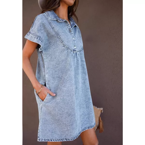 luvamia Denim Dress for Women Summer Short Sleeve Button Down Collared Pleated Western Jean Dresses with Pockets RelaxedRoadknight Blue