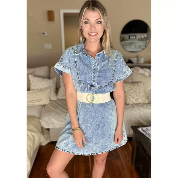 luvamia Denim Dress for Women Summer Short Sleeve Button Down Collared Pleated Western Jean Dresses with Pockets RelaxedRoadknight Blue