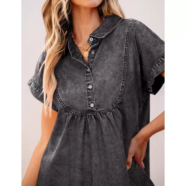 luvamia Denim Dress for Women Summer Short Sleeve Button Down Collared Pleated Western Jean Dresses with Pockets RelaxedSmokey Gray