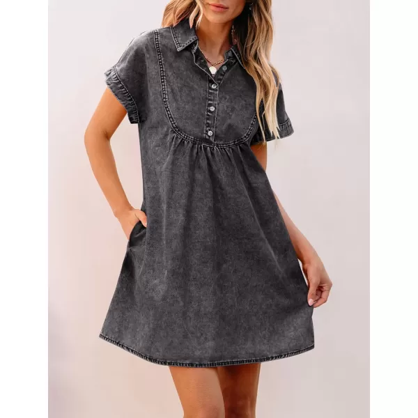 luvamia Denim Dress for Women Summer Short Sleeve Button Down Collared Pleated Western Jean Dresses with Pockets RelaxedSmokey Gray