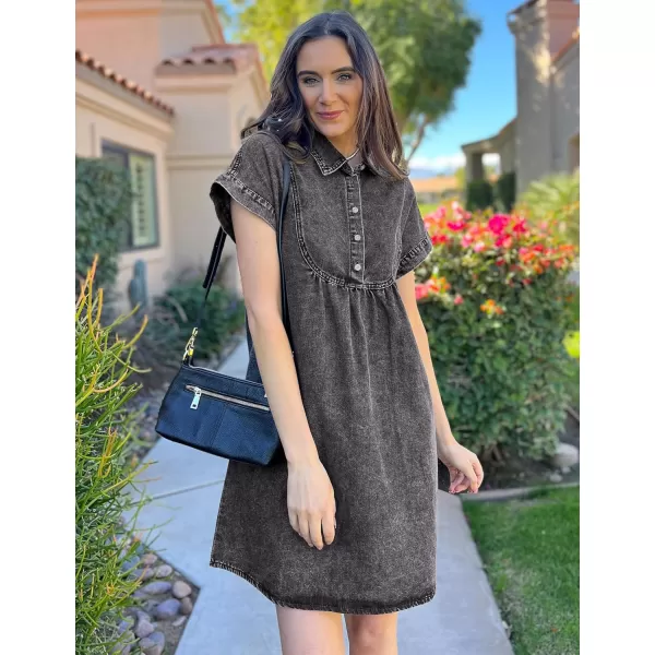 luvamia Denim Dress for Women Summer Short Sleeve Button Down Collared Pleated Western Jean Dresses with Pockets RelaxedSmokey Gray