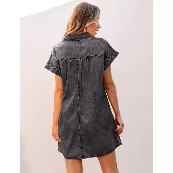 luvamia Denim Dress for Women Summer Short Sleeve Button Down Collared Pleated Western Jean Dresses with Pockets RelaxedSmokey Gray