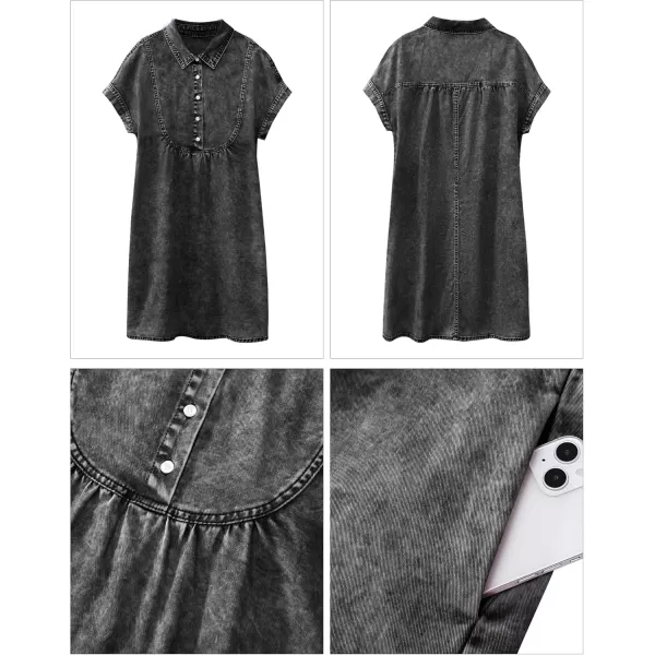 luvamia Denim Dress for Women Summer Short Sleeve Button Down Collared Pleated Western Jean Dresses with Pockets RelaxedSmokey Gray