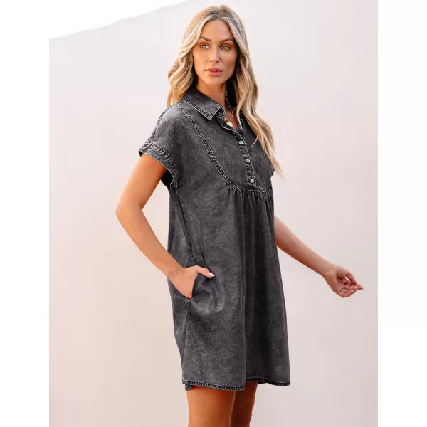 luvamia Denim Dress for Women Summer Short Sleeve Button Down Collared Pleated Western Jean Dresses with Pockets RelaxedSmokey Gray