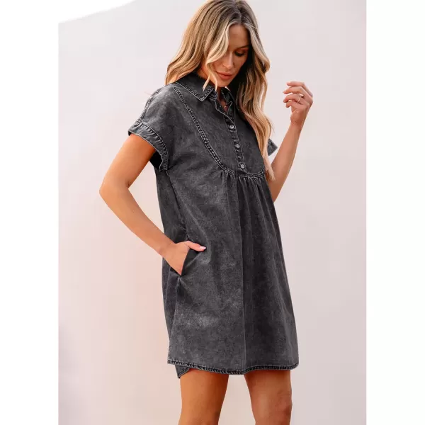 luvamia Denim Dress for Women Summer Short Sleeve Button Down Collared Pleated Western Jean Dresses with Pockets RelaxedSmokey Gray