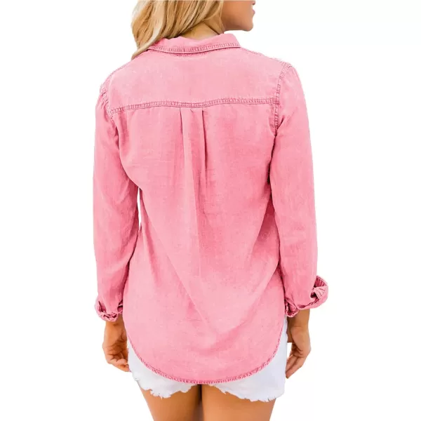 luvamia Denim Shirt Women Chambray Jean Western Shirts Long Sleeve Button Down TopsAurora Pink