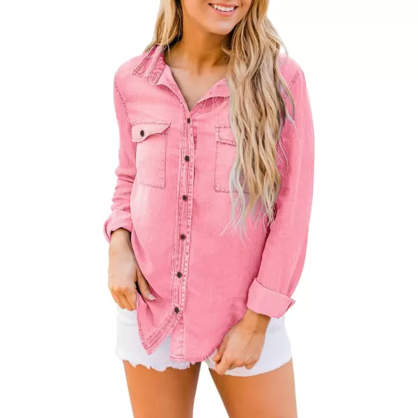 luvamia Denim Shirt Women Chambray Jean Western Shirts Long Sleeve Button Down TopsAurora Pink