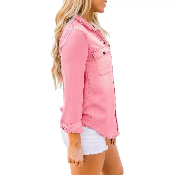 luvamia Denim Shirt Women Chambray Jean Western Shirts Long Sleeve Button Down TopsAurora Pink