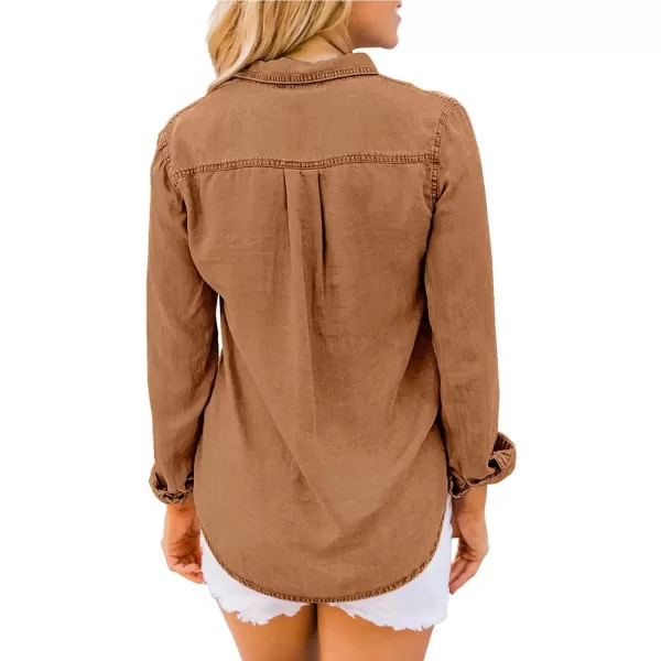 luvamia Denim Shirt Women Chambray Jean Western Shirts Long Sleeve Button Down TopsB Almond Brown