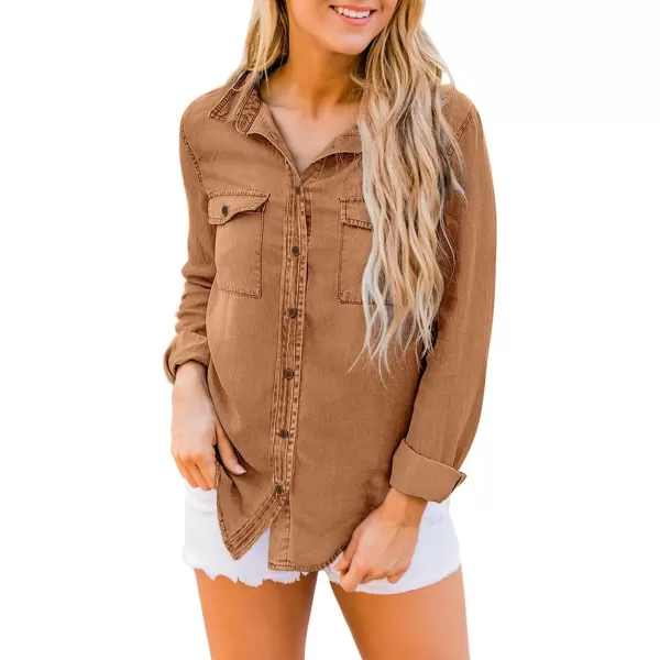luvamia Denim Shirt Women Chambray Jean Western Shirts Long Sleeve Button Down TopsB Almond Brown