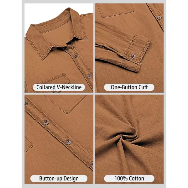 luvamia Denim Shirt Women Chambray Jean Western Shirts Long Sleeve Button Down TopsB Almond Brown