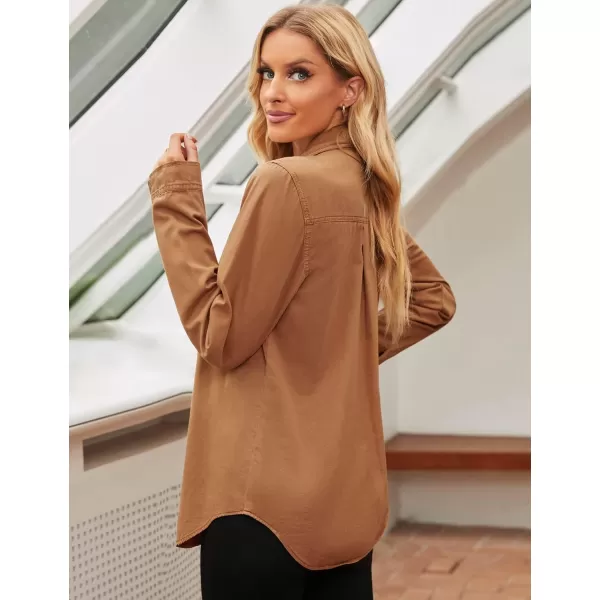 luvamia Denim Shirt Women Chambray Jean Western Shirts Long Sleeve Button Down TopsB Almond Brown