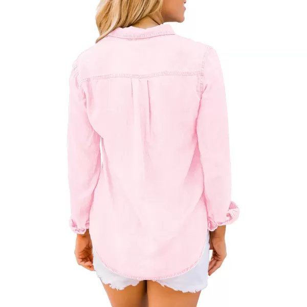 luvamia Denim Shirt Women Chambray Jean Western Shirts Long Sleeve Button Down TopsCandy Pink