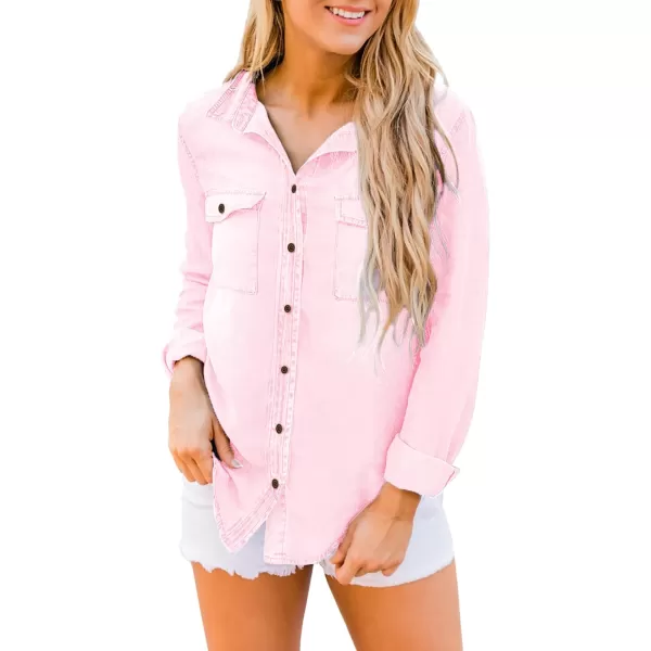 luvamia Denim Shirt Women Chambray Jean Western Shirts Long Sleeve Button Down TopsCandy Pink