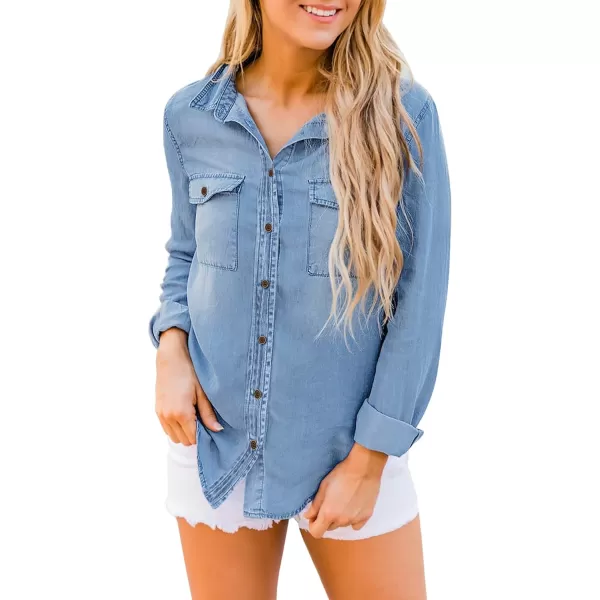 luvamia Denim Shirt Women Chambray Jean Western Shirts Long Sleeve Button Down TopsClassic Blue
