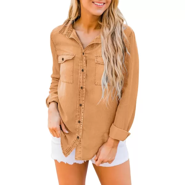 luvamia Denim Shirt Women Chambray Jean Western Shirts Long Sleeve Button Down TopsClay