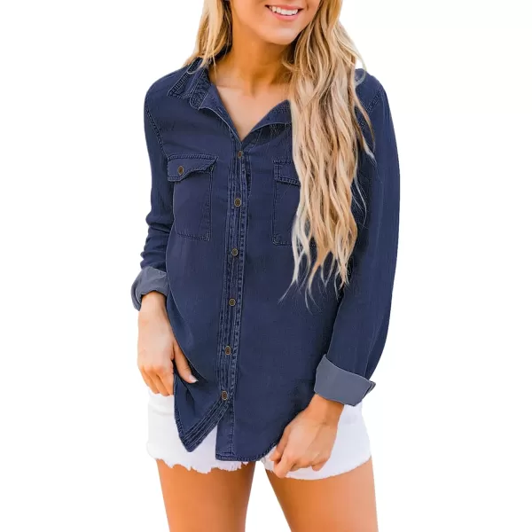 luvamia Denim Shirt Women Chambray Jean Western Shirts Long Sleeve Button Down TopsDark Blue