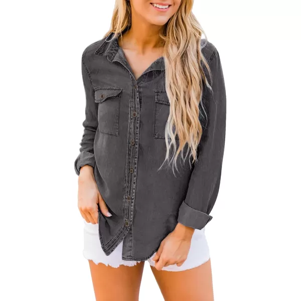 luvamia Denim Shirt Women Chambray Jean Western Shirts Long Sleeve Button Down TopsDark Gray