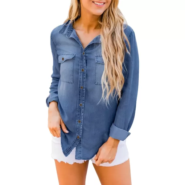 luvamia Denim Shirt Women Chambray Jean Western Shirts Long Sleeve Button Down TopsDeep Blue