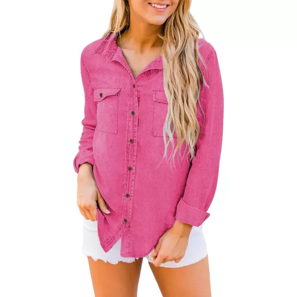 luvamia Denim Shirt Women Chambray Jean Western Shirts Long Sleeve Button Down TopsHot Pink