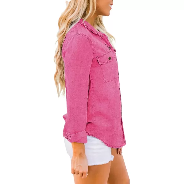 luvamia Denim Shirt Women Chambray Jean Western Shirts Long Sleeve Button Down TopsHot Pink