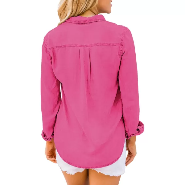 luvamia Denim Shirt Women Chambray Jean Western Shirts Long Sleeve Button Down TopsHot Pink