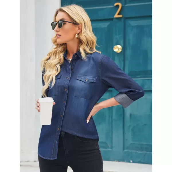 luvamia Denim Shirt Women Chambray Jean Western Shirts Long Sleeve Button Down TopsIndigo Dark Blue