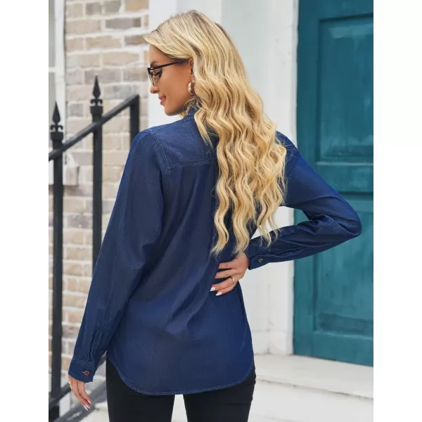 luvamia Denim Shirt Women Chambray Jean Western Shirts Long Sleeve Button Down TopsIndigo Dark Blue