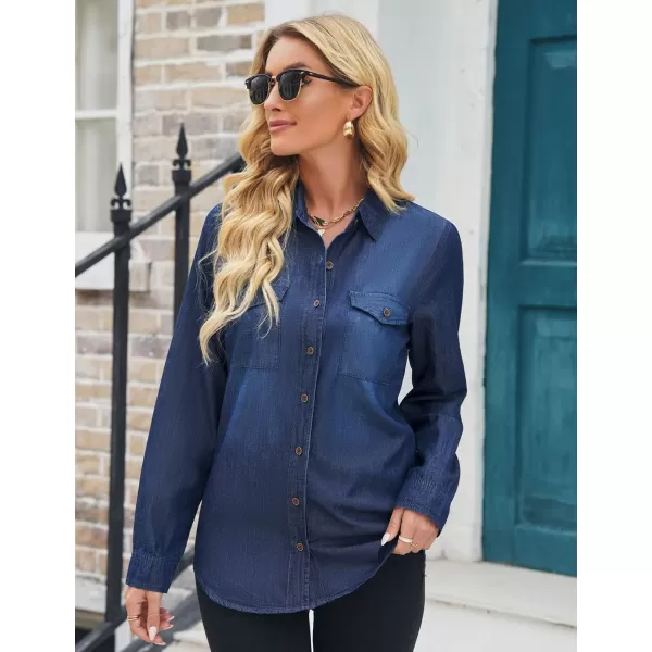 luvamia Denim Shirt Women Chambray Jean Western Shirts Long Sleeve Button Down TopsIndigo Dark Blue