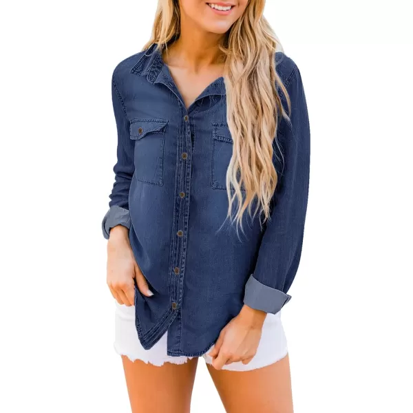 luvamia Denim Shirt Women Chambray Jean Western Shirts Long Sleeve Button Down TopsIndigo Dark Blue