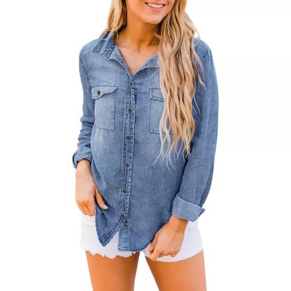 luvamia Denim Shirt Women Chambray Jean Western Shirts Long Sleeve Button Down TopsStone Washed Blue