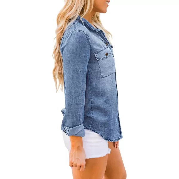 luvamia Denim Shirt Women Chambray Jean Western Shirts Long Sleeve Button Down TopsStone Washed Blue
