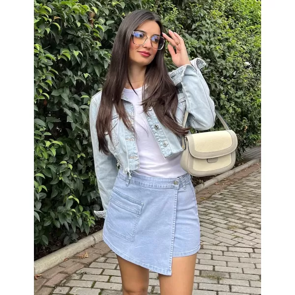 luvamia Denim Skorts for Woman Cargo Faux Wrap Jean Skort Skirts Stretchy High Waisted Skirt Shorts Country Concert WearCool Blue