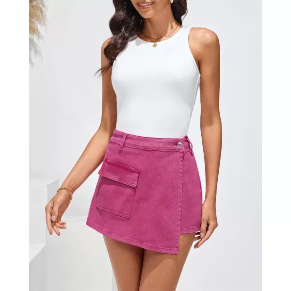 luvamia Denim Skorts for Woman Cargo Faux Wrap Jean Skort Skirts Stretchy High Waisted Skirt Shorts Country Concert WearHot Pink