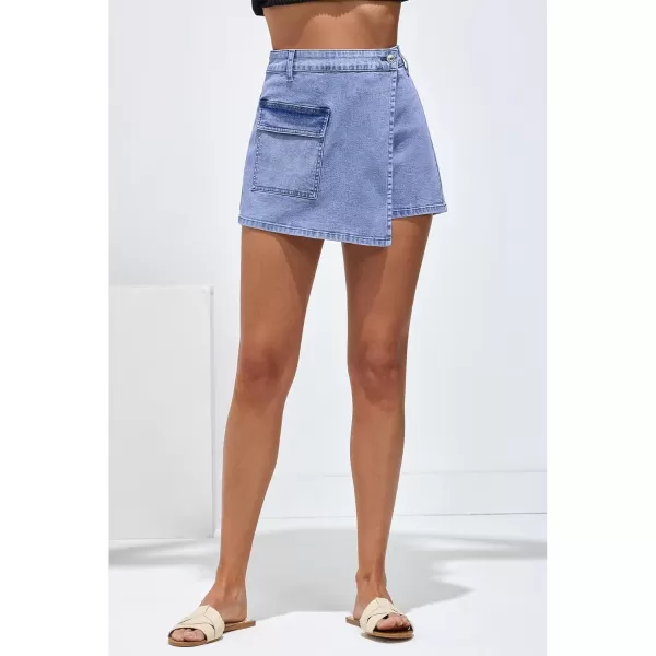 luvamia Denim Skorts for Woman Cargo Faux Wrap Jean Skort Skirts Stretchy High Waisted Skirt Shorts Country Concert WearLakeside Blue